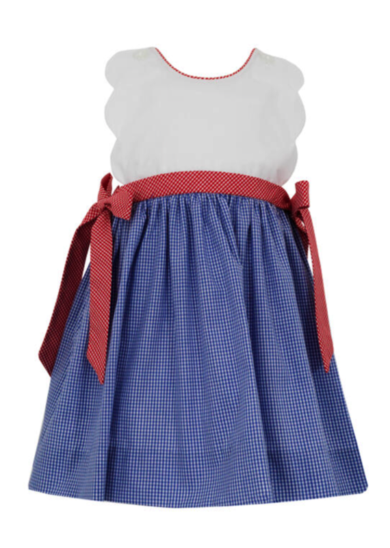 Petit Bebe Petit Bebe Scalloped sundress with red gingham side bows and royal blue gingham