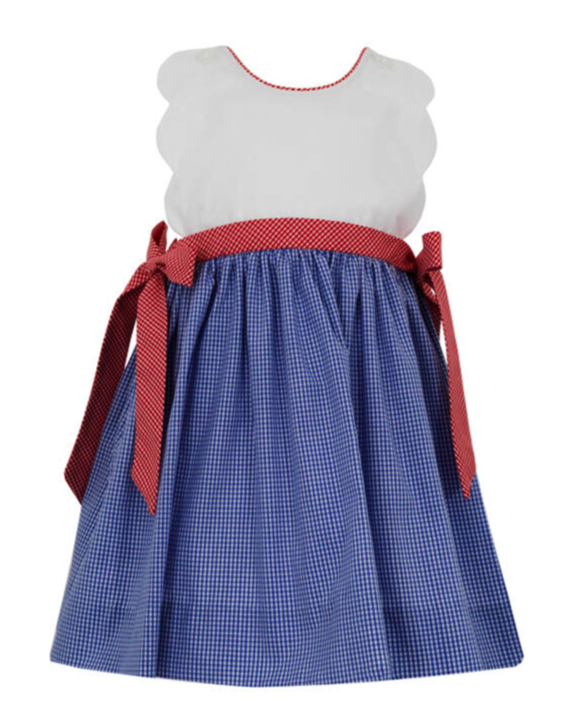 Petit Bebe Petit Bebe Scalloped sundress with red gingham side bows and royal blue gingham