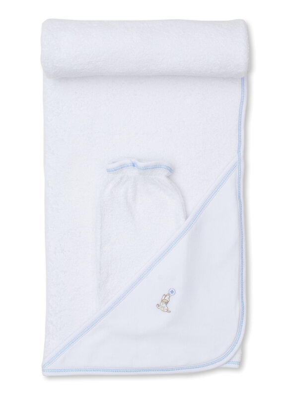 Kissy Kissy KK Hooded Towel with Mitt Set- White and Light Blue Pups in Action