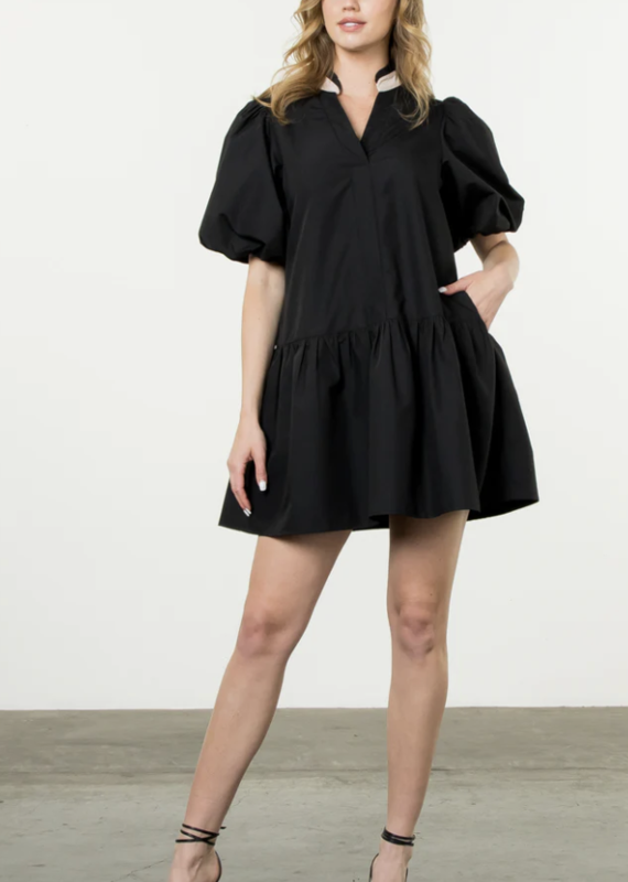 THML Black Puff Sleeve V-Neck Dress