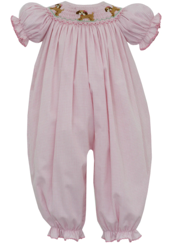 Anavini Girl's Puppies Pink Gingham Long Bishop Bubble