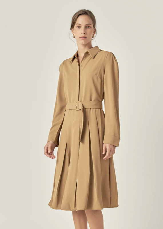 Pleated Long Sleeve Midi Dress