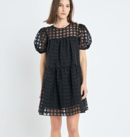 Gridded Puff Sleeve Dress