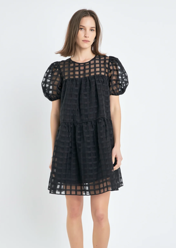 Gridded Puff Sleeve Dress