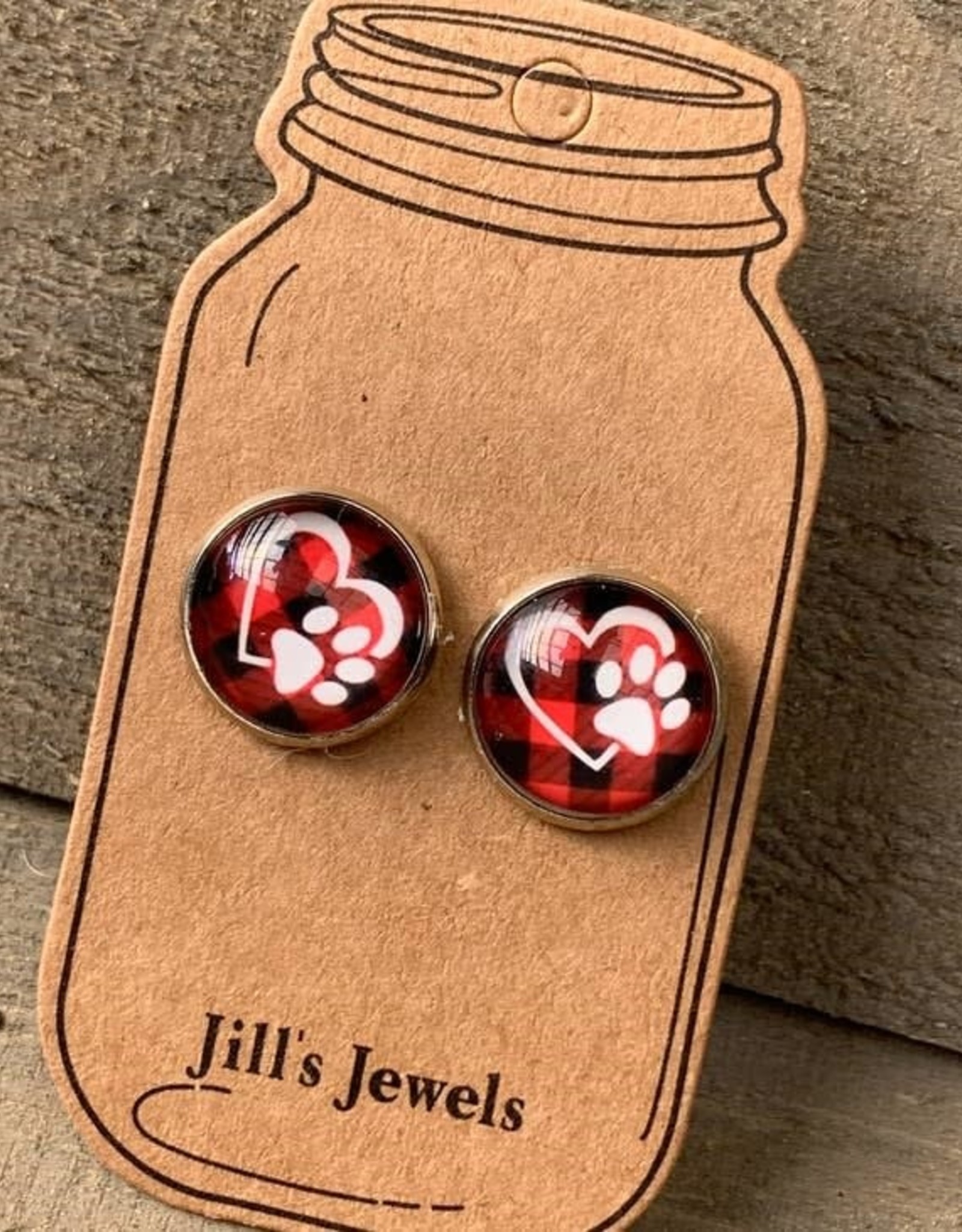 Jill's Jewels Buffalo Plaid Paw Print Stud Earrings