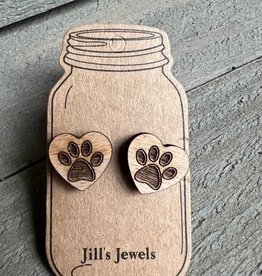 Jill's Jewels Wooden Dog Paw Heart Stud Earrings