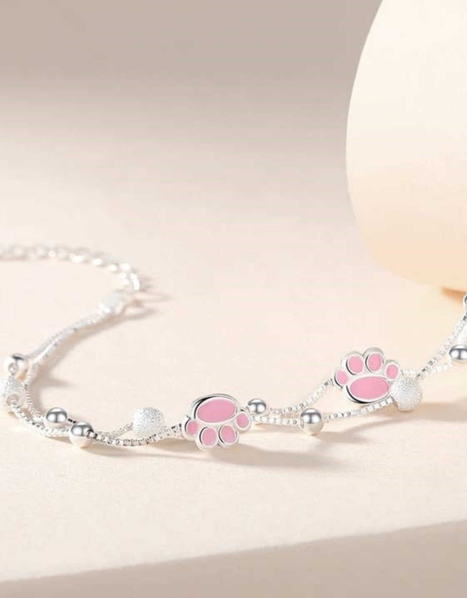 Cute Pink Cat Paw Charm Bracelet in 925 Sterling Silver