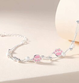 Cute Pink Cat Paw Charm Bracelet in 925 Sterling Silver
