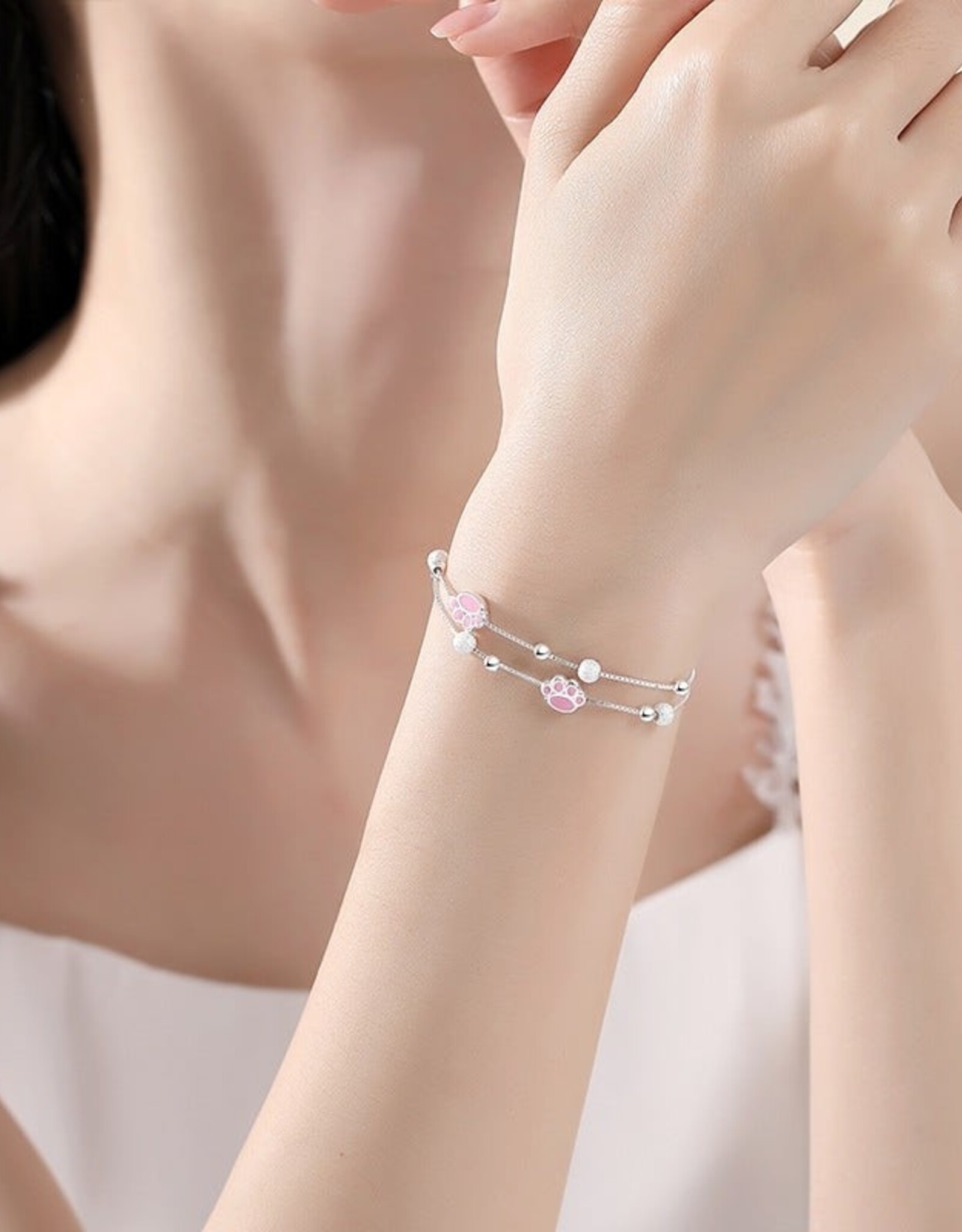 Cute Pink Cat Paw Charm Bracelet in 925 Sterling Silver