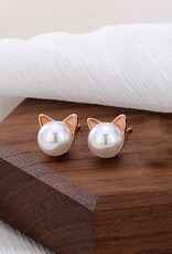 Dainty Cute Cat Pearl Stud Earrings in 925 Sterling Silver