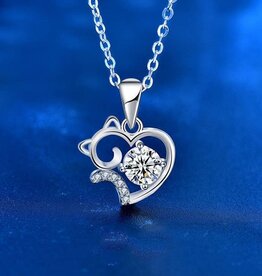 Zoey Simmons Moissanite Heart Cat Wedding Necklace in 925 Sterling Silver