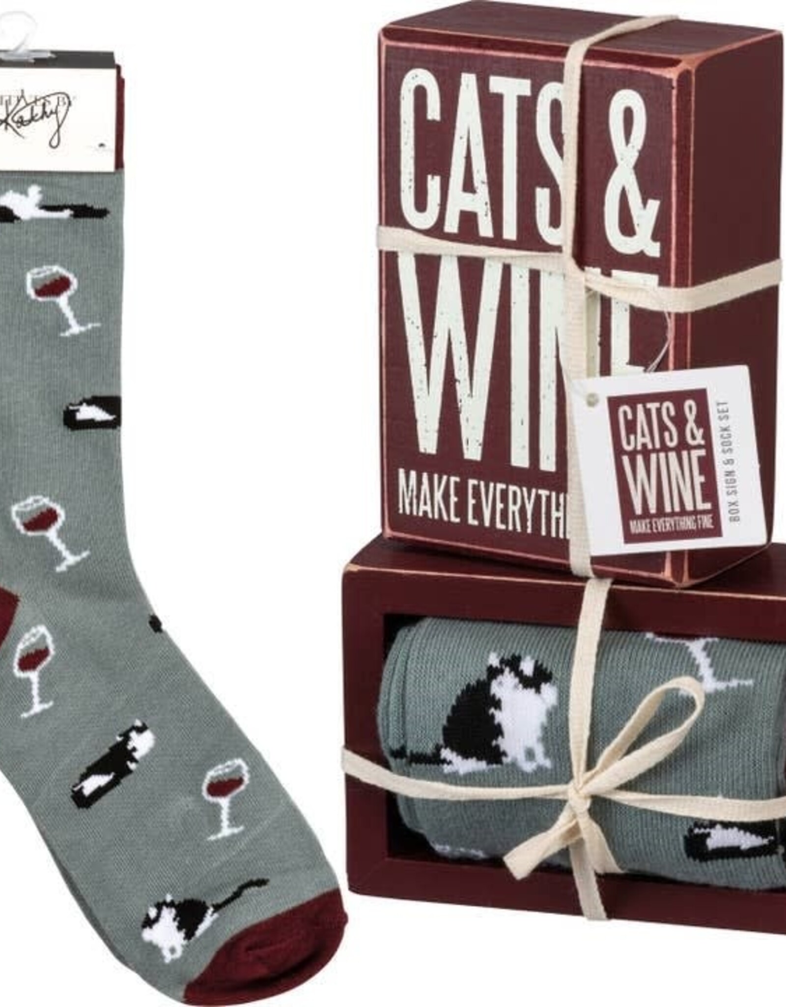 Cats and Wine Box Sign and Sock Set