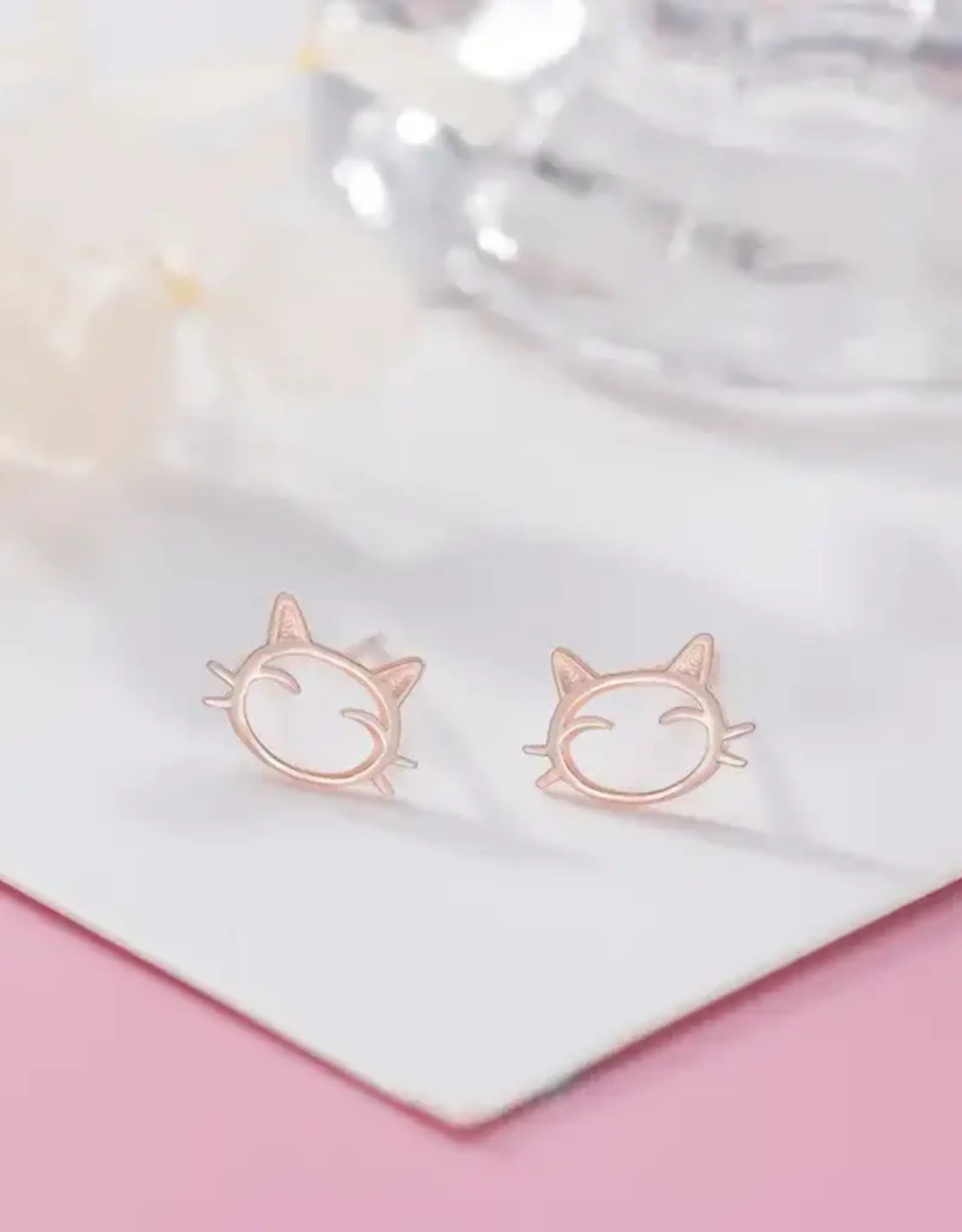 Dainty Rose Gold Cute Cat Stud Earrings in 925 Sterling Silver