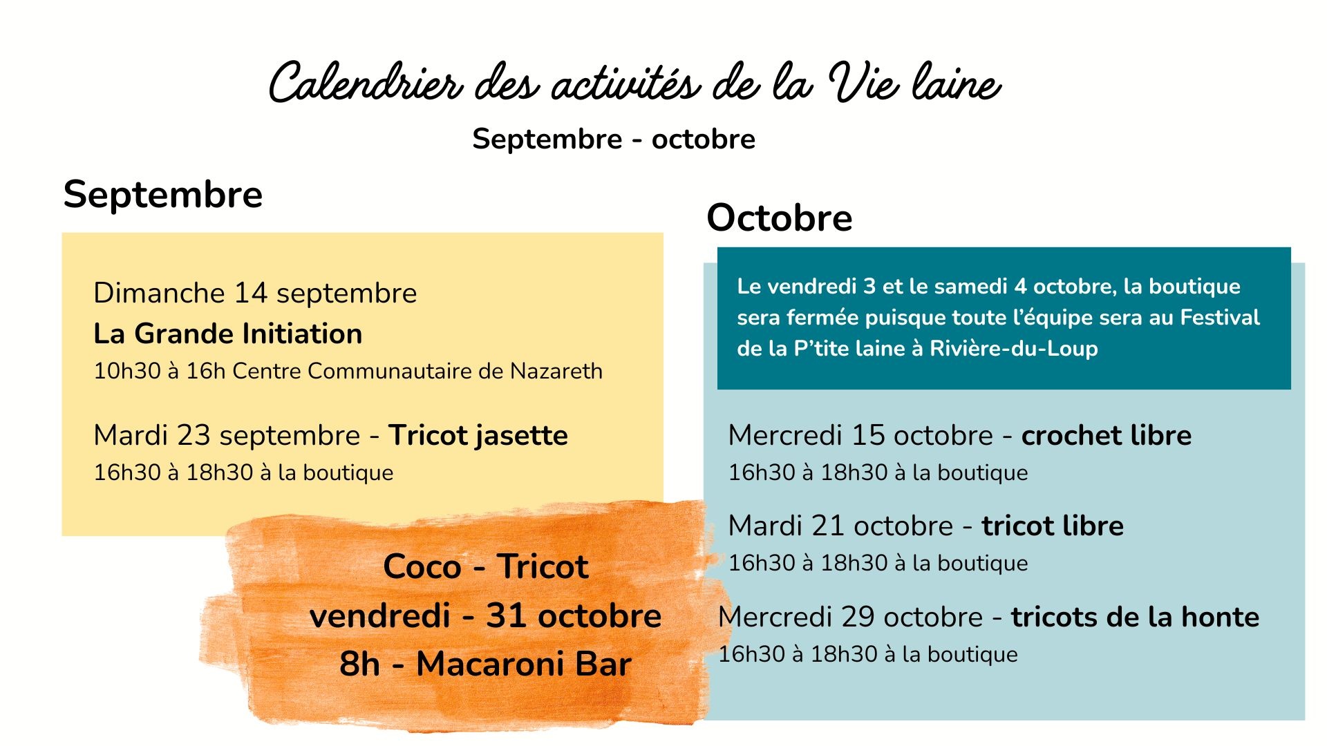 Calendrier activités automne 2025