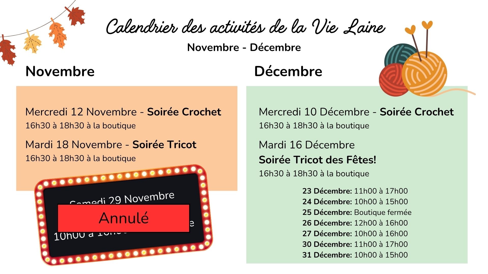 Horaire Novembre Décembre