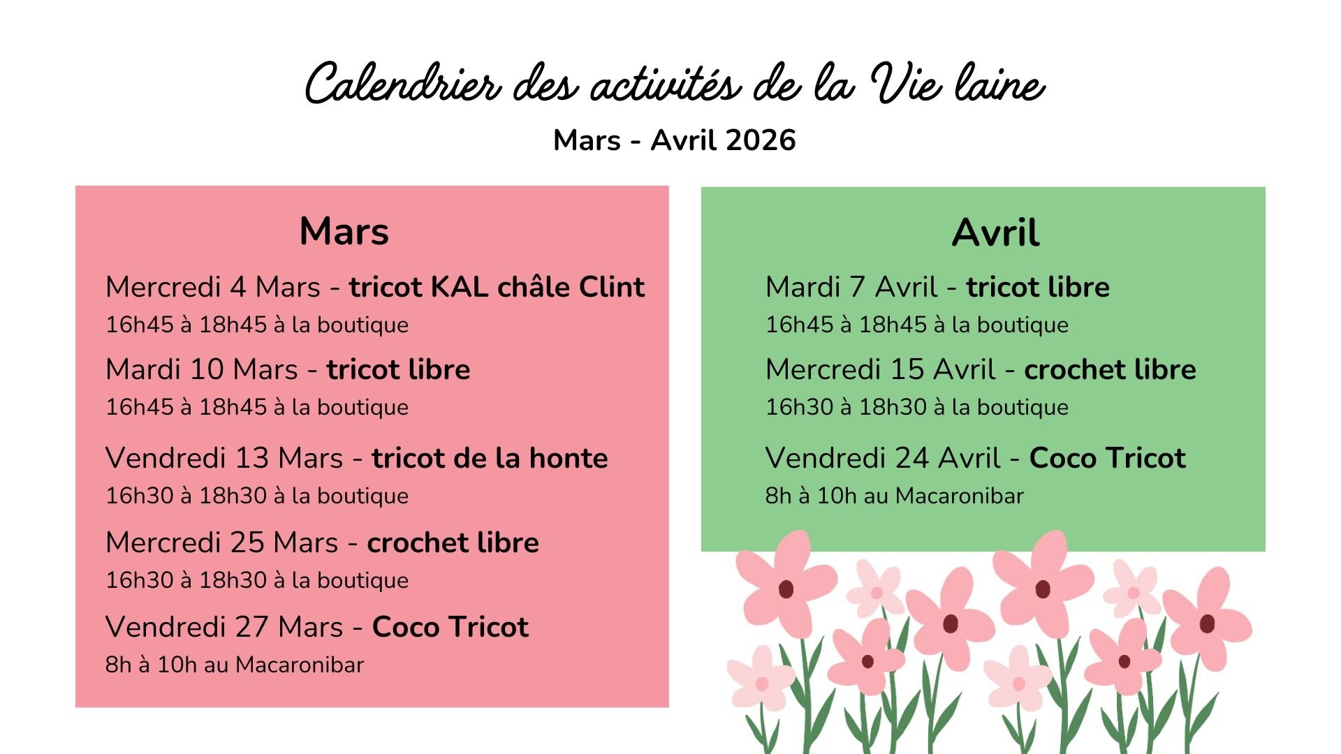calendrier activités