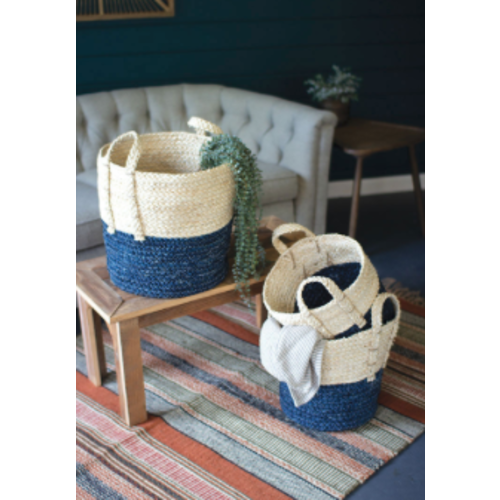  Kalalou Three Braided Maize Rope Baskets with Blue Bottoms 