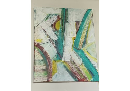  Barbara Niewald Barbara Niewald Abstract Teal, Yellow, Red, and White Canvas 