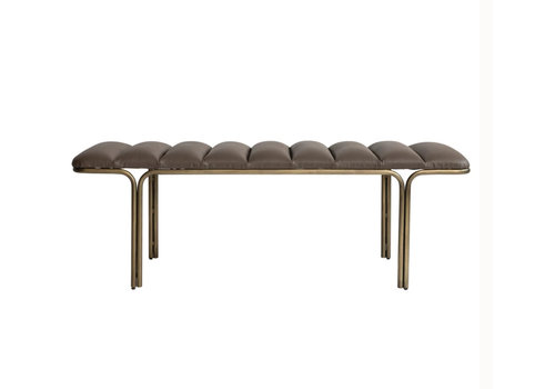  Bloomingville Upholstered Leather Bench w/ Channel Stitch & Brass Finish Metal Legs, Iron Color 