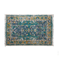Woven Cotton Distressed Print Rug  With fringe Blue