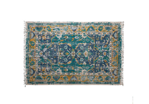  Creative Co-Op Woven Cotton Distressed Print Rug  With fringe Blue 