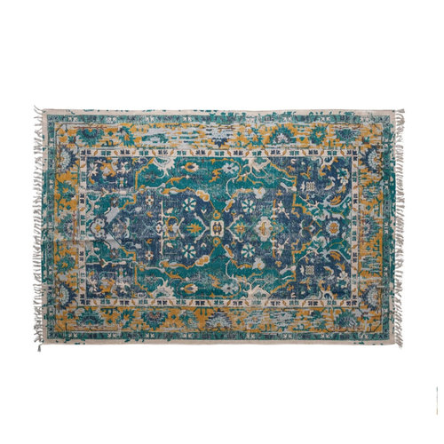  Creative Co-Op Woven Cotton Distressed Print Rug  With fringe Blue 