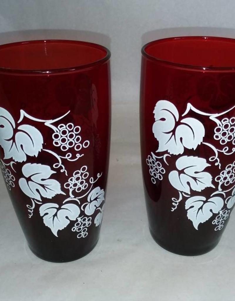 2 Ruby Red Glasses W G Vines Painted In White M 1900 S The 2 Ruby Red Glasses W G Vines Painted In White