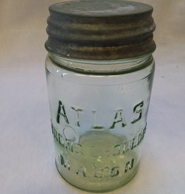 Atlas Strong Shoulders Mason Jar, Apple Green w/Zinc Cover, 1 Pint, E.1900's