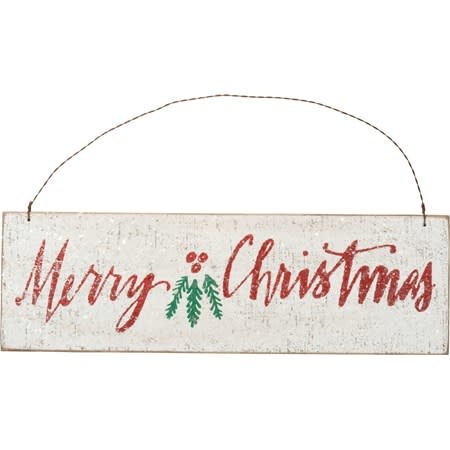 Merry Christmas Hanging Sign w/Holly &amp; Glitter - The Second Knob Gifts
