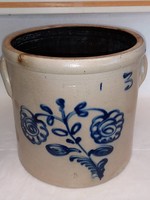 Ithaca NY Crock Cobalt Blue Flowers, L.1800's, 3 Gallon, Small Chip & Age Cracks (As Is)