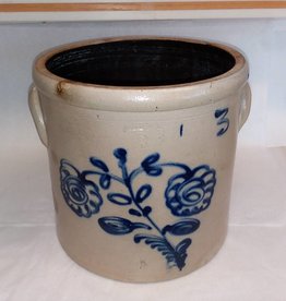 Ithaca NY Crock Cobalt Blue Flowers, L.1800's, 3 Gallon, Small Chip & Age Cracks (As Is)