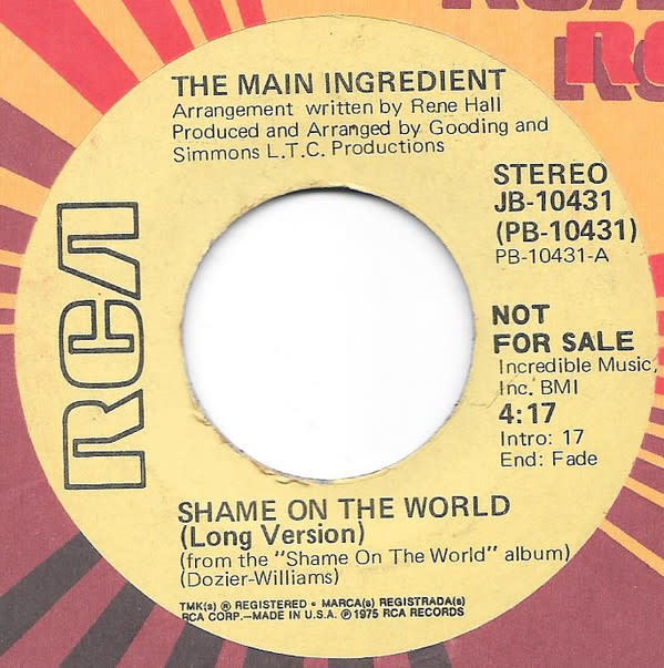 The Main Ingredient - Shame On The World - Vinyl, 7", 45 RPM, Promo - 310186158