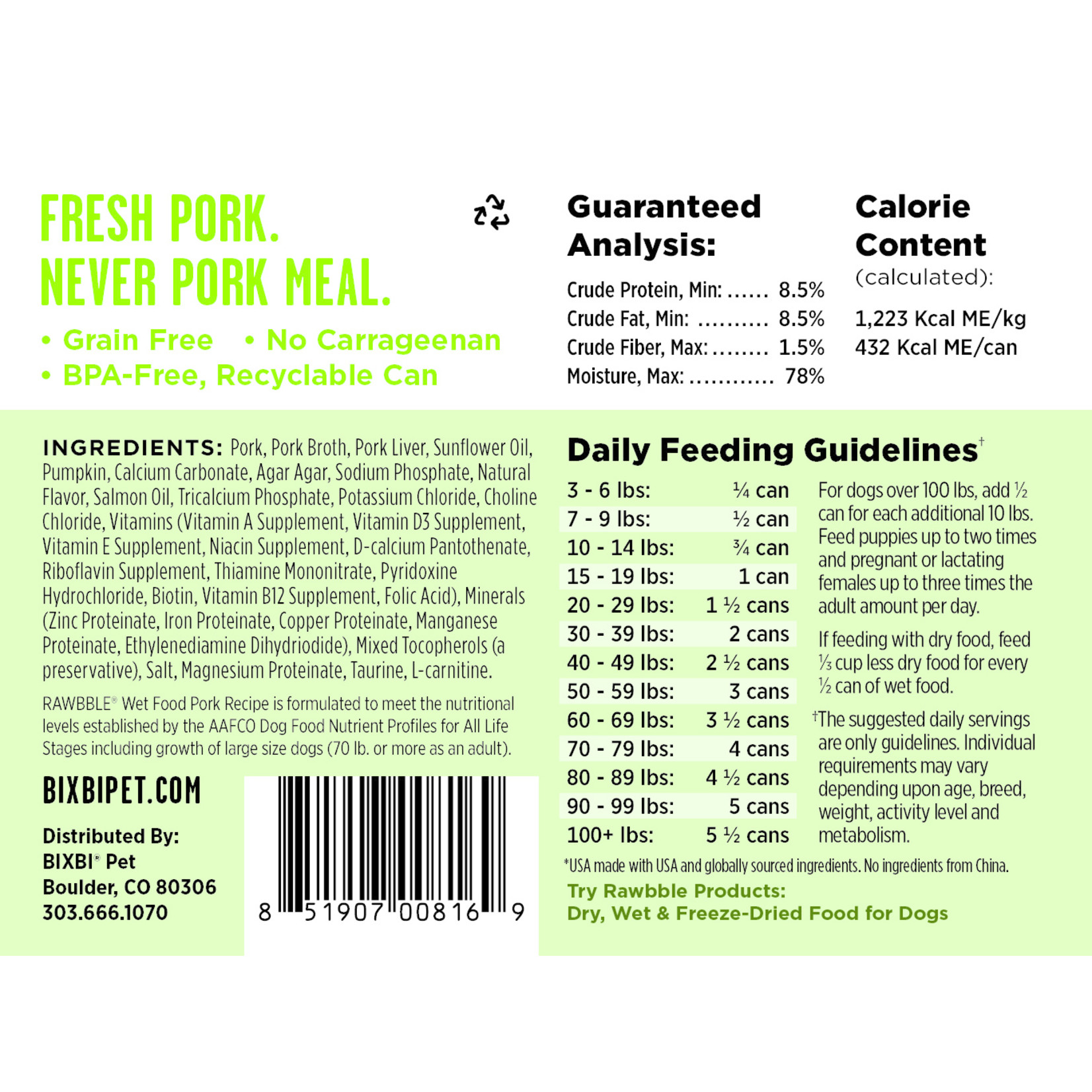 Bixbi Bixbi Rawbble Pork Canned Dog Food 12.5oz