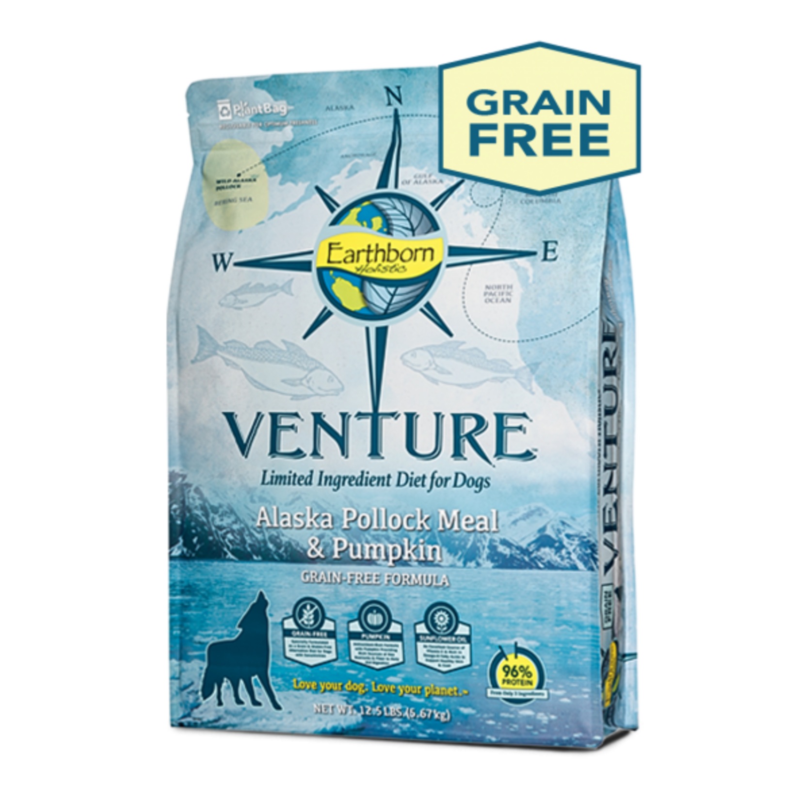 Earthborn Holistic Pet Food Earthborn Holistic Venture Limited Ingredient Alaska Pollock Meal & Pumpkin Grain-Free Dry Dog Food, 25#