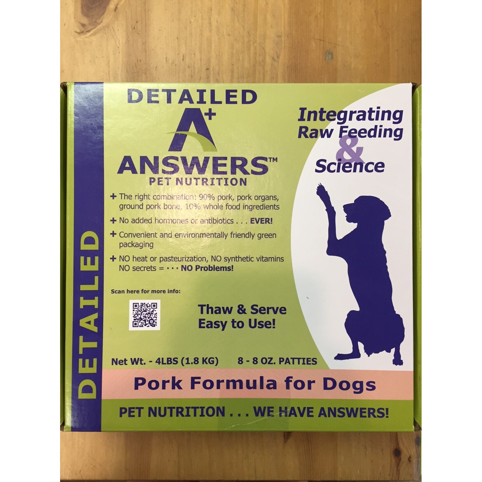 Answers ANSWERS Detailed Pork Dog Food 4 lb Patties (8 x 8oz)