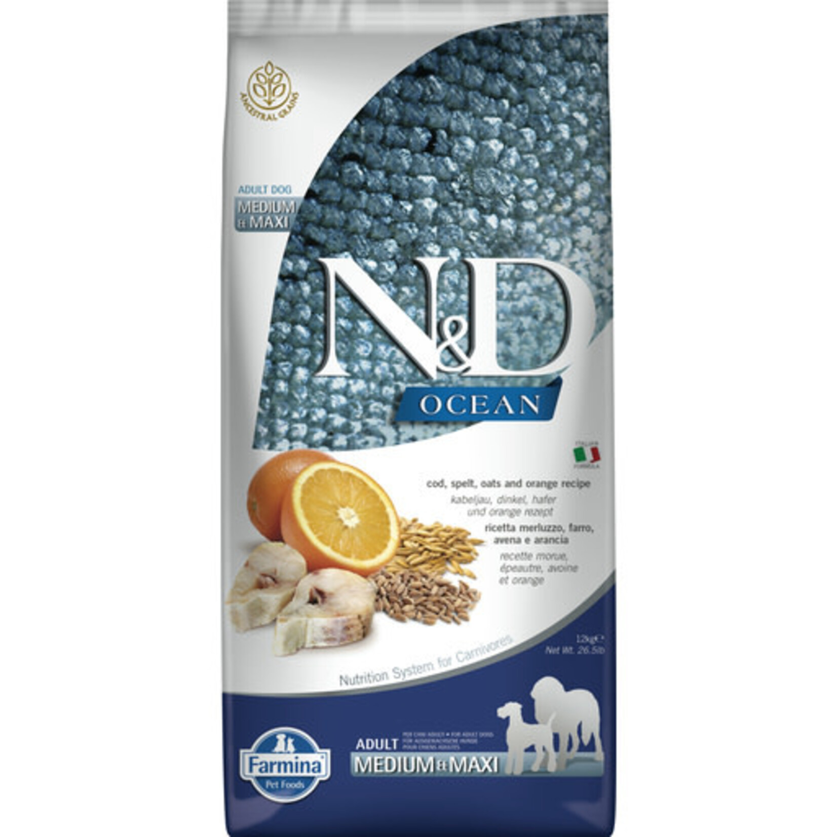 Farmina Farmina N&D Ocean Codfish & Orange Ancestral Grain Medi/Maxi Dry Dog Food 26.4#