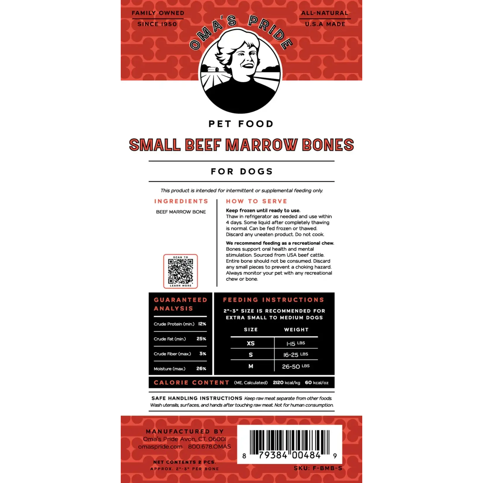 Oma's Pride Oma's Pride Frozen Grass-Fed Raw Beef Marrow Bones, Small 2 pack