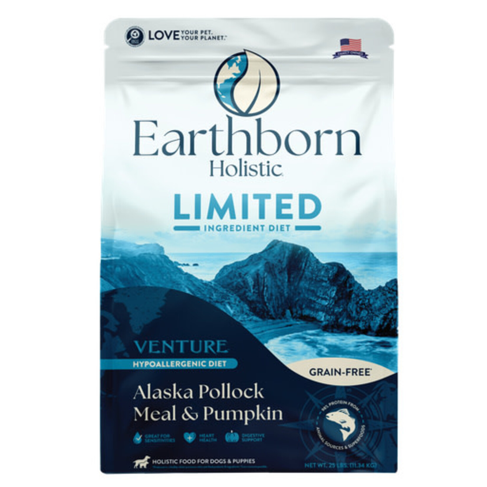 Earthborn Holistic Pet Food Earthborn Holistic Venture Limited Ingredient Alaska Pollock Meal & Pumpkin Grain-Free Dry Dog Food, 25#