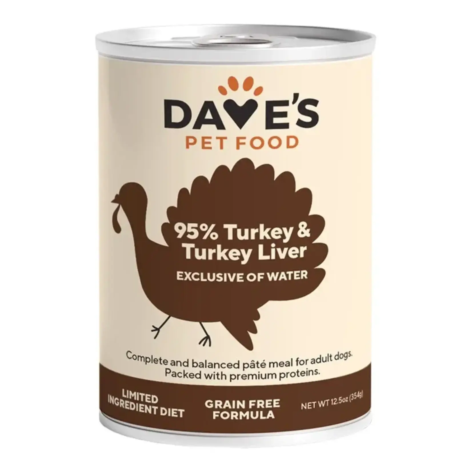 Dave's Pet Food Dave's 95% Premium Turkey & Turkey Liver Pate Grain-Free Wet Dog Food 12.5 oz