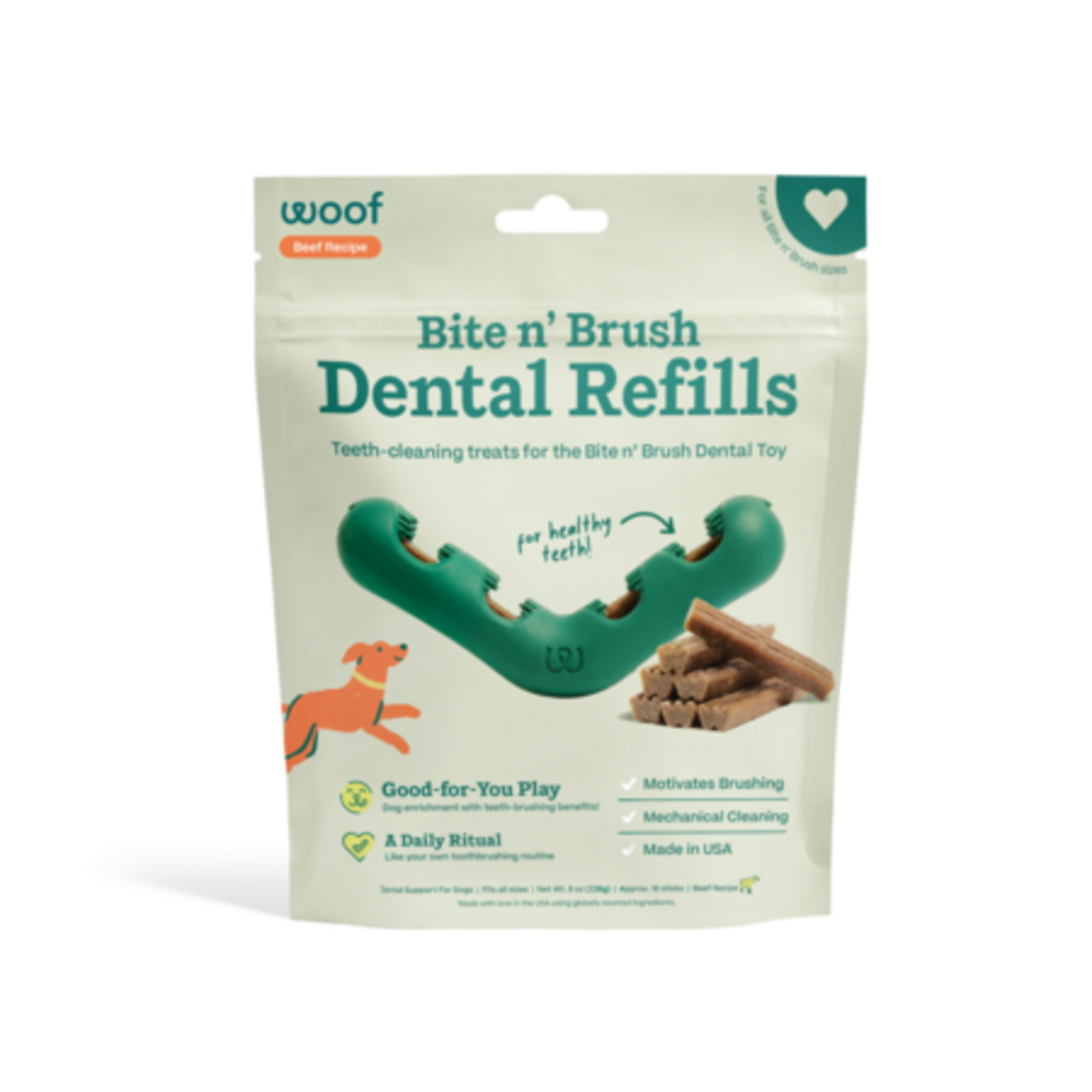 Woof Pet Woof Bite n' Brush Refill Grain-Free Beef Sticks Adult Dental Dog Chew Treats, 18 count