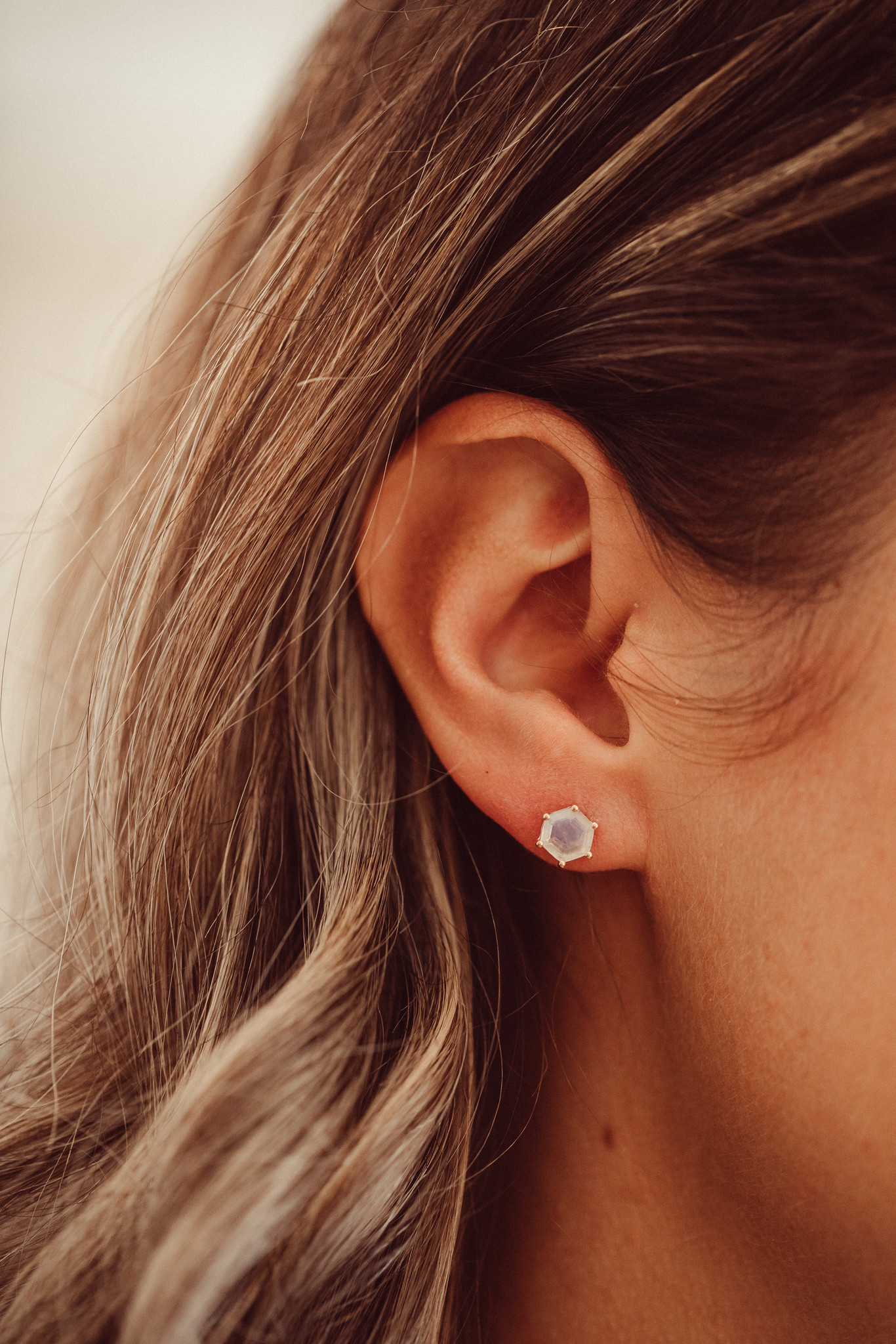 Hexagon Moonstone 6 Prong Stud Earrings