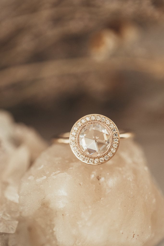 Sarah O Round Rose Cut Moissanite with .11 ct Diamond Halo Ring