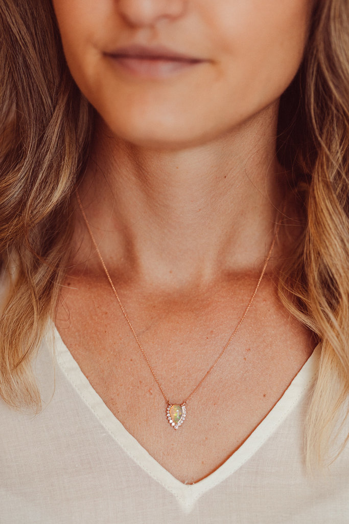 Sarah O Pear Opal with Partial Diamond Halo Necklace 14krg