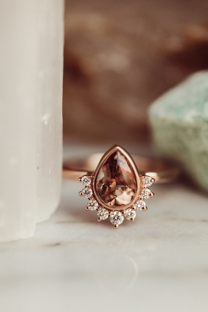 Sarah O Pear Sunstone in Bezel with Half Halo Ring 14krg
