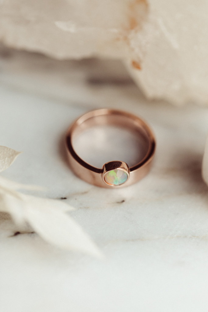 Sarah O Round Opal in Bezel on Wide Band Ring 14krg
