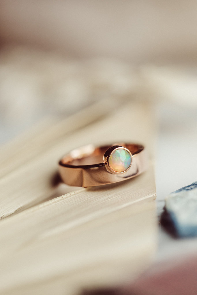 Sarah O Round Opal in Bezel on Wide Band Ring 14krg