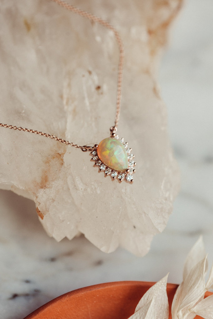 Sarah O Pear Opal with Partial Diamond Halo Necklace 14krg
