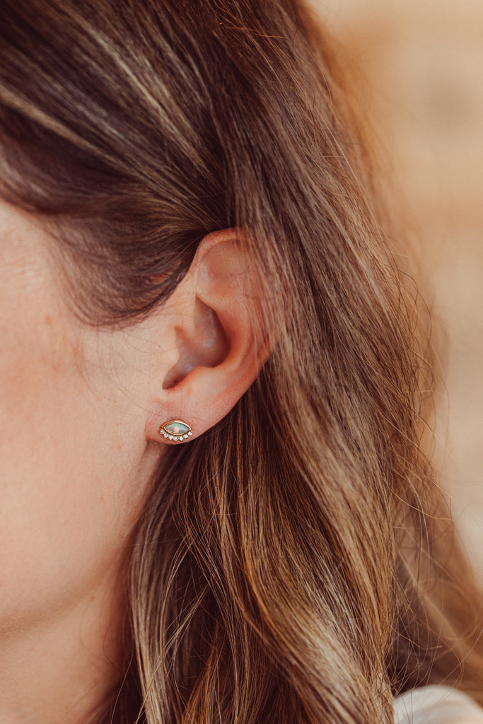Sarah O Marquise Opal with Diamond Half Halo Stud Earrings 14kyg