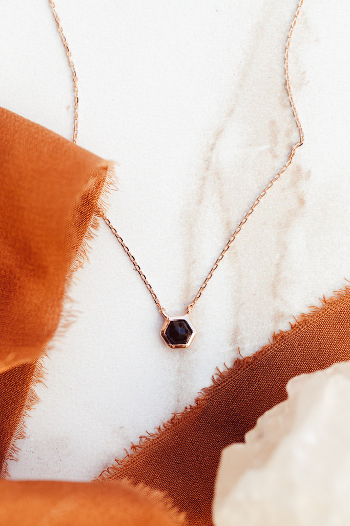 Sarah O Small Hexagon Black Spinel in Bezel Necklace 14krg