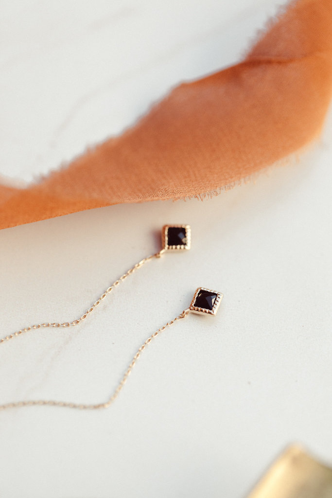 Sarah O Square Black Spinel Milgrain Bezel Threader Earrings